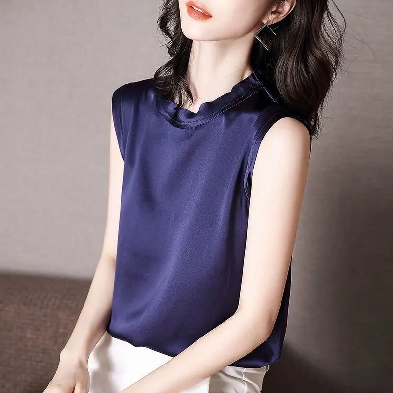 

Summer New Satin Vest Women O Neck Sleeveless Pullover Top Loose Inner Wear Elegant Bottoming Shirt All-match Office Silk Blouse