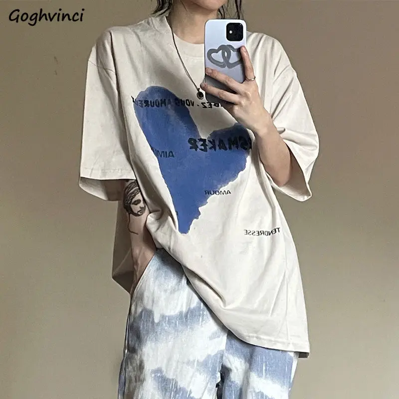 

T-shirts Women O-neck Printed Tee Short Sleeve Loose New Letter Korean Style Baggy BF Streetwear All-match Students Ins Hot Sale