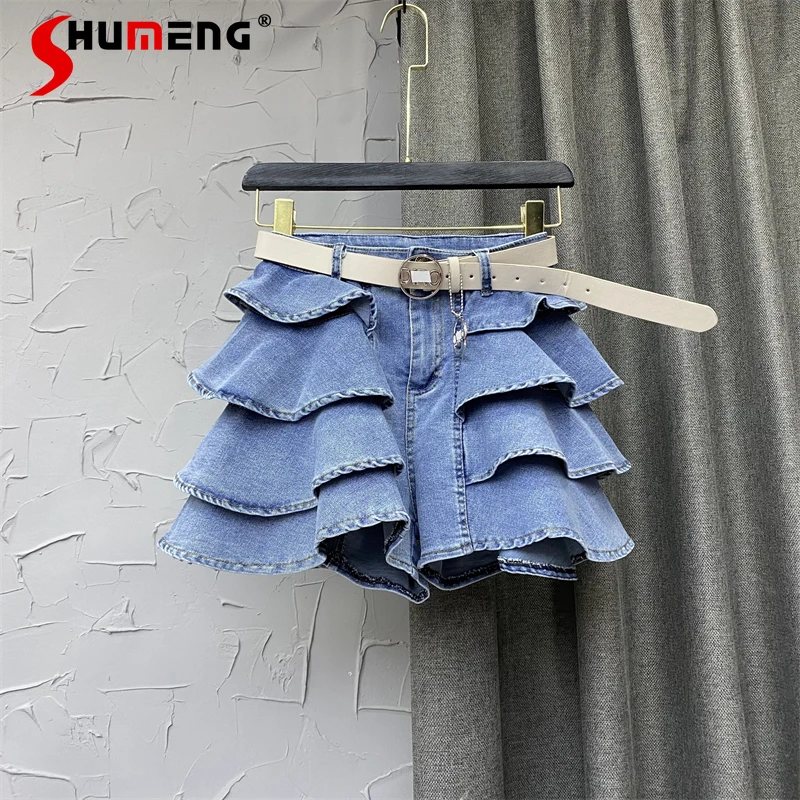 

Cotton Denim Light Blue High Waist Short Jean Cake Skirt 2022 Early Spring New Washed Zipper Ruffled A- Line Culottes with Belt