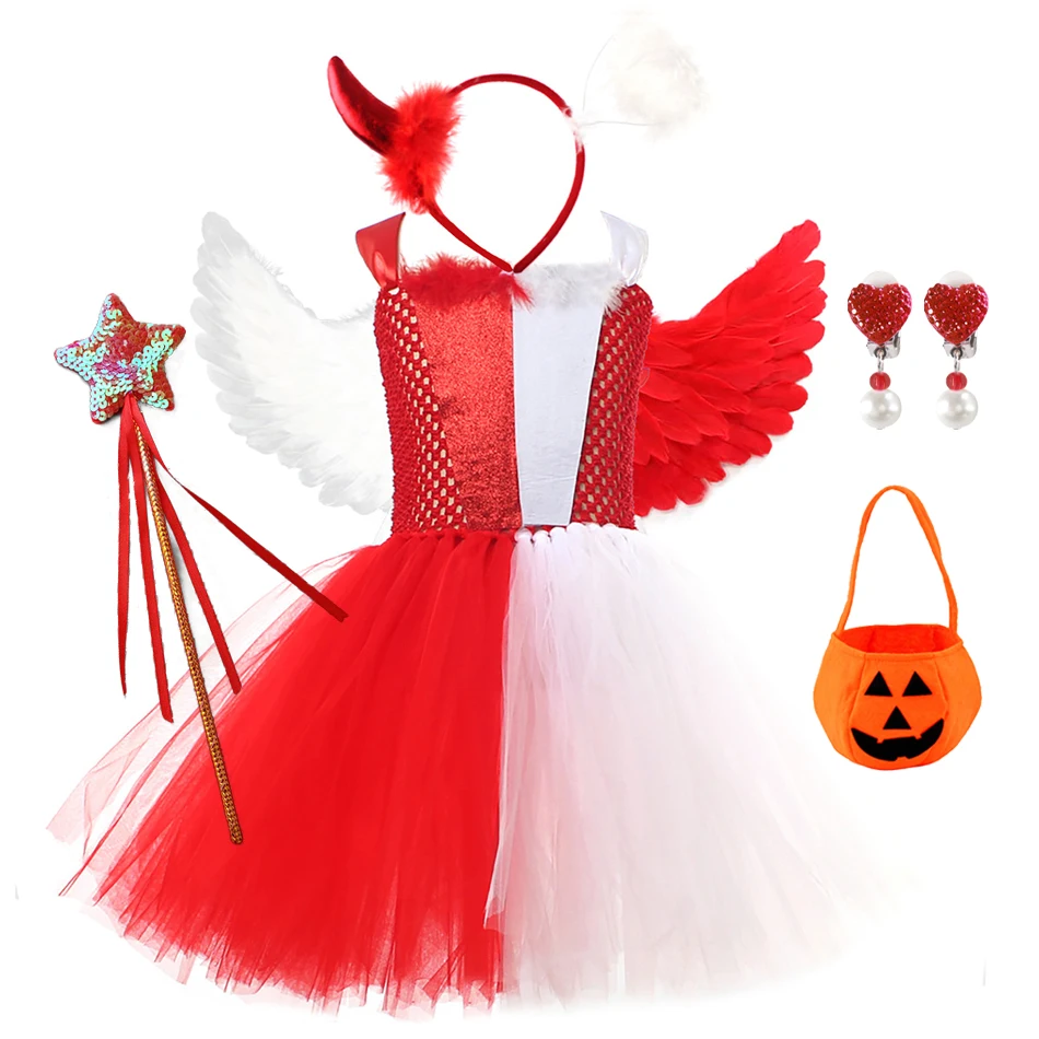 

Платье на Хэллоуин с ангелом, демонами, платье-пачка для девочек, принцесса, Сказочная повязка на голову для косплея и аксессуары для детской одежды, искусственная одежда