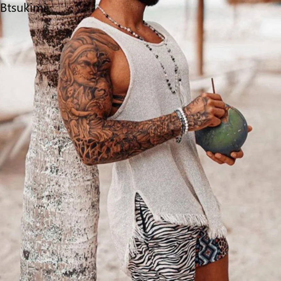 

2023 Men's Summer Ripped Knitted Tank Tops Men Slit Design Vest Shirt Sleeveless O-Neck Pullover Top Men Gym Clothing Tops 3XL