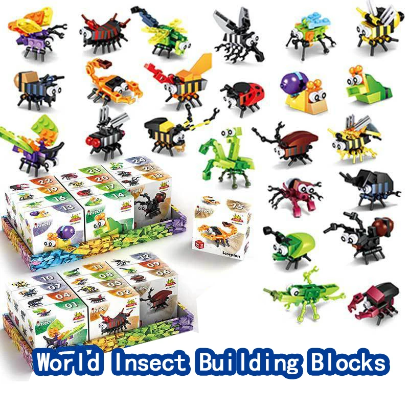

New 12PCs/Set Cute Zoo Animal Baby Toys Beetle Parrot Fox Model Set Building Blocks DIY Insect Specimen Creativity Bricks Child