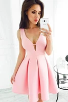 sexy satin v neck homecoming dress pink sleeveless a line short prom dress ruched women cocktail party formal gowns vestidos