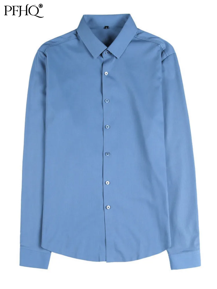 

PFHQ ледяная шелковая ткань, эластичная Мужская рубашка с длинным рукавом, модная роскошная мужская деловая Повседневная Блузка, трендовая с...