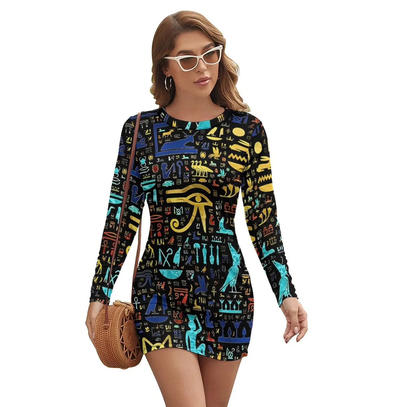 Colorful Ancient Egyptian Art Hieroglyphic Dress Ladies Street Fashion Bodycon Spring Long Sleeve Elegant Dresses Clothes
