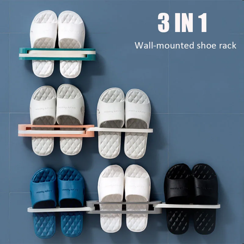 

Bathroom Slippers Rack Wall Mounted Shoe Organizer Rack Folding Slippers Holder Shoes Hanger Self Adhesive Storage Towel Racks