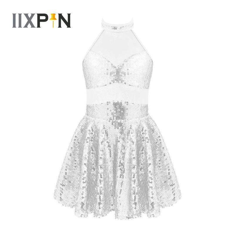 

Kids Girls Ballet Dress Sleeveless Straps Hollow Back Sparkling Sequins Mesh Dance Leotard Dress For Jazz Stage Performance