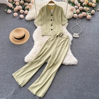 summer womens office ladies set button up blouse shirt tops and wide leg pants elegant tracksuit two piece set fitness outfits