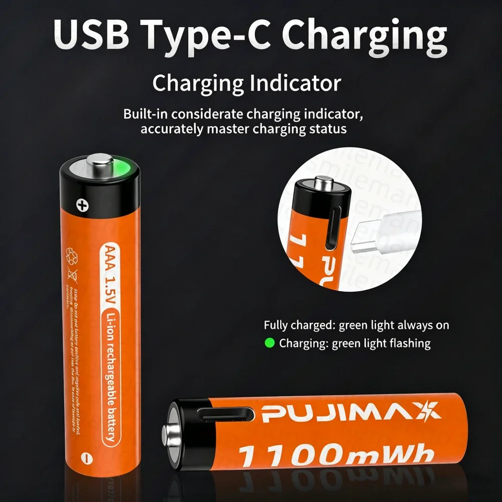 Литиевые аккумуляторы AA&AAA 1.5V, 3400мВтч1100мВтч, с зарядкой через Type-C, перезаряжаемые до 1500 раз, для будильников (art.: 3920da22ecc9f) - 3920da22ecc9f