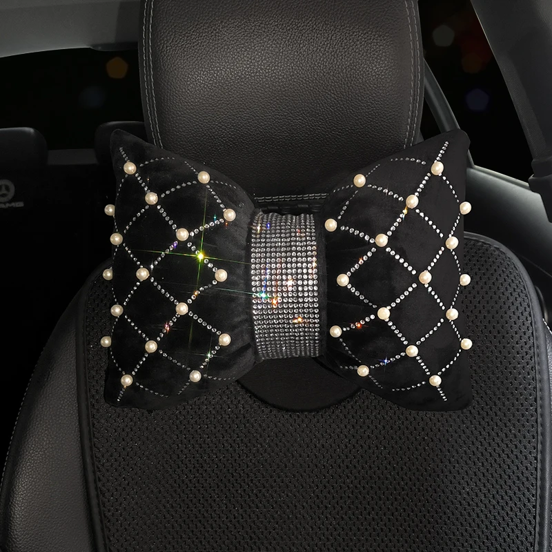 Car Interior Accessories Pearl Diamond Car Headrest Neck Pillow White Auto Waist Support Seat Lumbar Girls Women Car Accessories