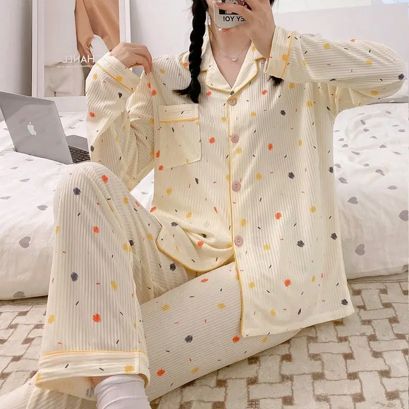Yasuk Spring Autumn Fashion Women's Casual Soft Milk Silk Sleepwear Homewear Pajamas Set With Pants Color Dots Print Cute Girl