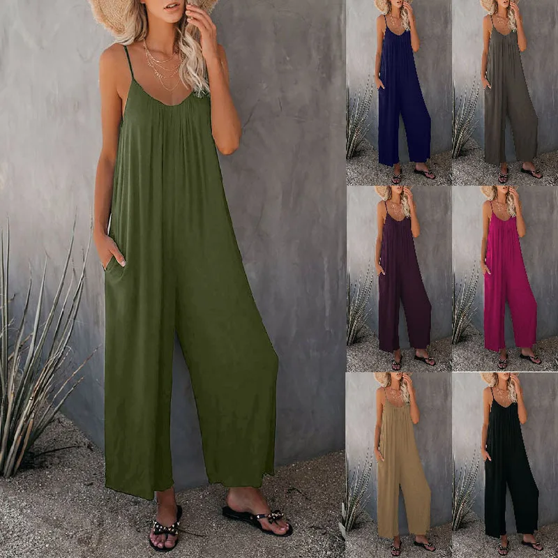 2023 Summer New Women's Pants Solid Color Insert Pocket Loose Casual Suspenders Jumpsuit