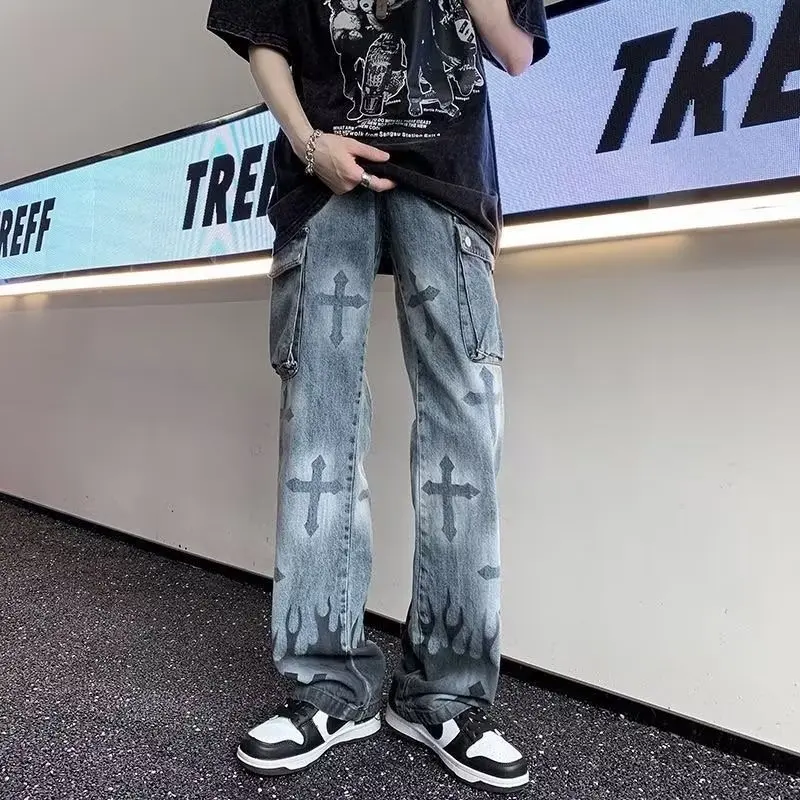 Men Jean Mid Waist Straight Baggy Pants Korean Fashion Male Printed Pocket Trend Denim Trousers Jeans Homme  Y2k Men Clothes