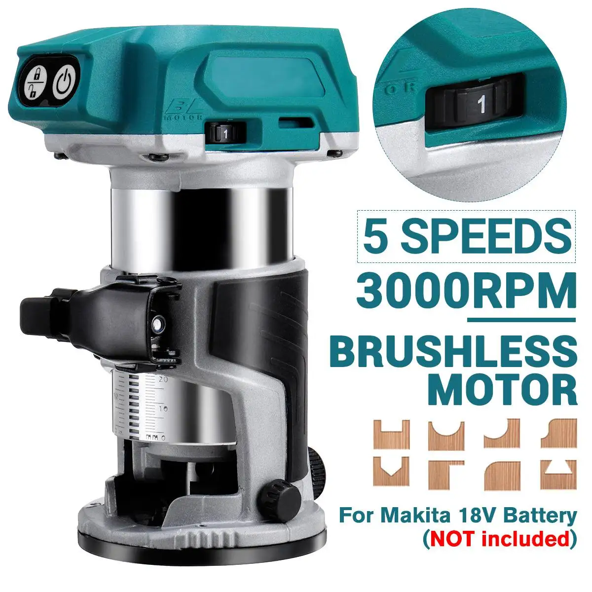 

Drillpro 5 Speeds Brushless Electric Hand Trimmer Cordless Wood Router Woodworking Engraving Slotting for Makita 18V Battery