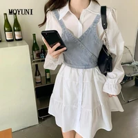 2021 autumn elegant two piece suit women korean long sleeve sweet shirt dress strap mini vest set spring party casual dress set