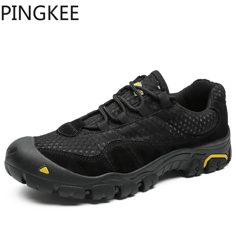 PINGKEE Round Toe Bumper Lace Up Arch Shank Air Mesh Upper Traction Lining Mens Trekking Shoes Hiking Boots Shoes Sneaker Men