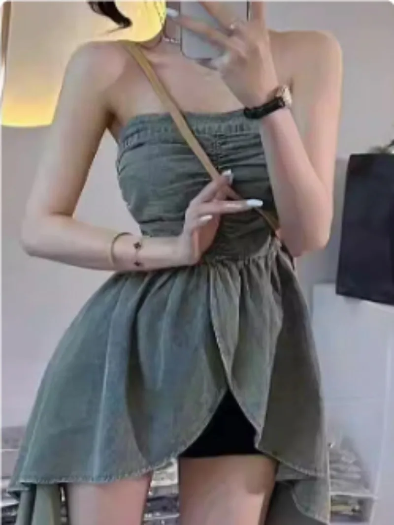 Ретро нестандартные джинсовые женские топы на бретелях с разрезом шее узкие