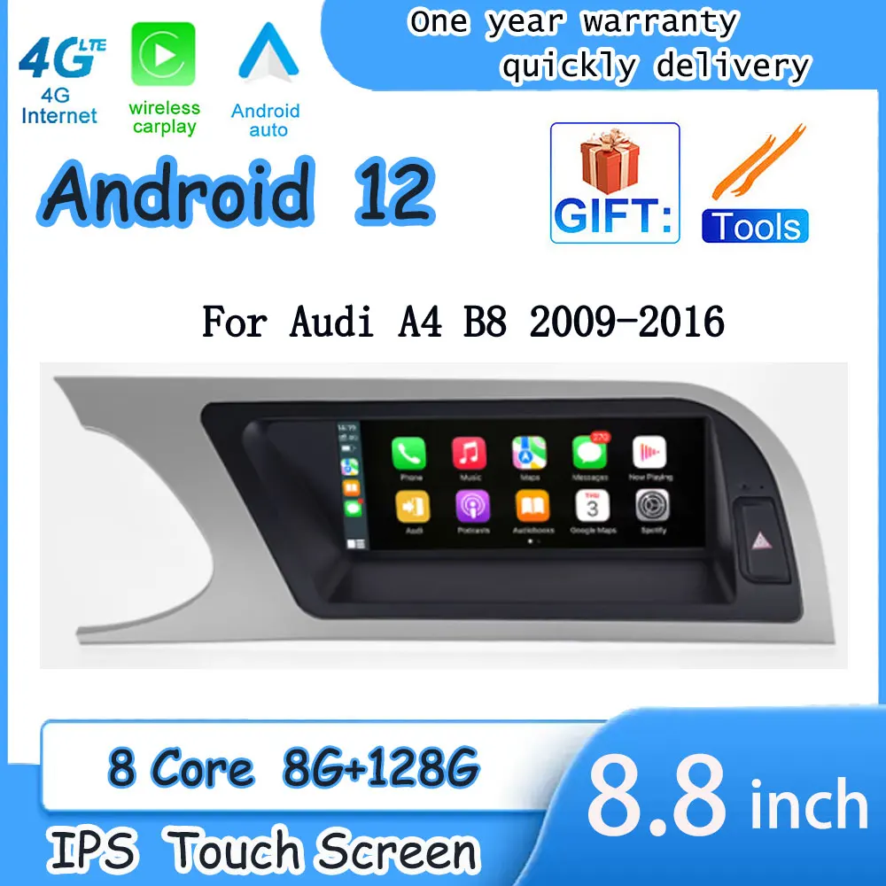 8.8 Inch Car IPS Touch Screen Radio GPS Navigation For Audi A4 B8 2009-2016 WIFI 4G SIM Android 12 Carplay BT SWC Google