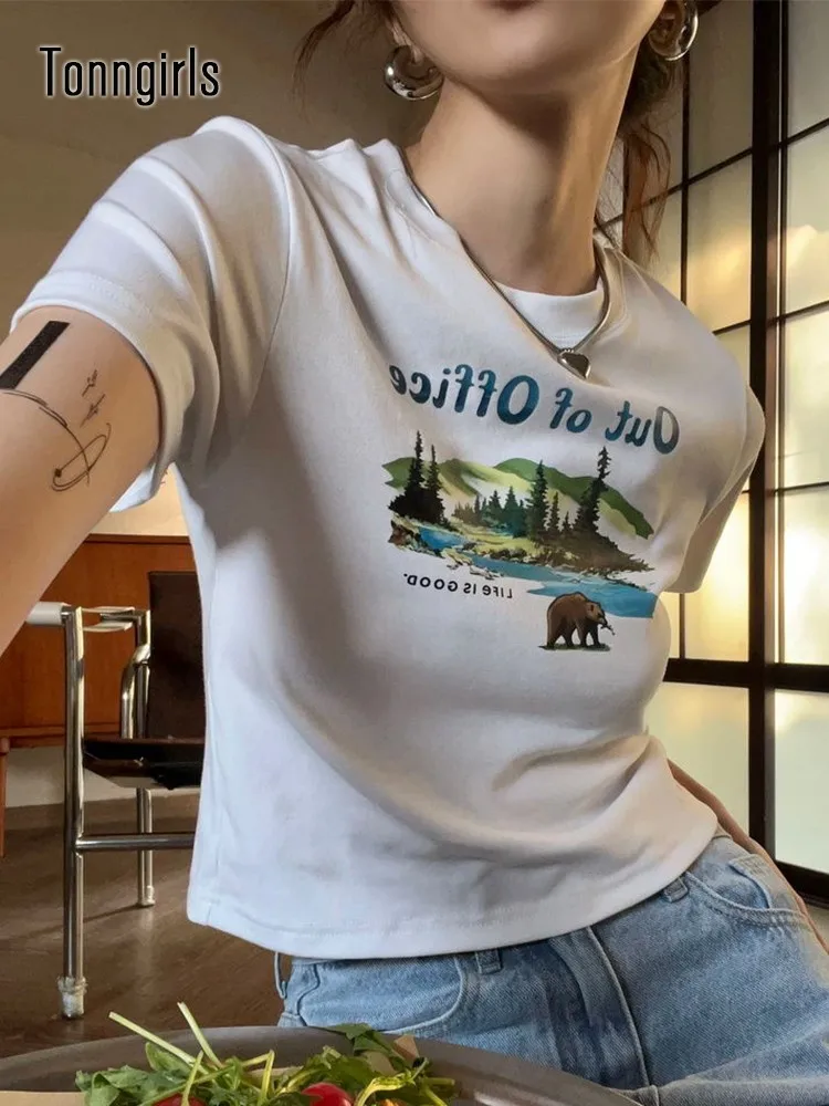 

Tonngirls Grunge Aesthetic Print T Shirt Women Clothes O Neck Short Sleeve Crop Top T-shirt Harajuku Korean Graphic Tees Women