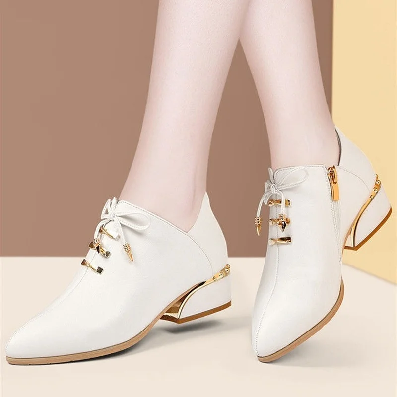 

Shoes Women Pointed Toe British 2022 New Summer Autumn Lace Up Pumps Ladies Fashion Soft Leather Side Zipper Thick Heel Footwear