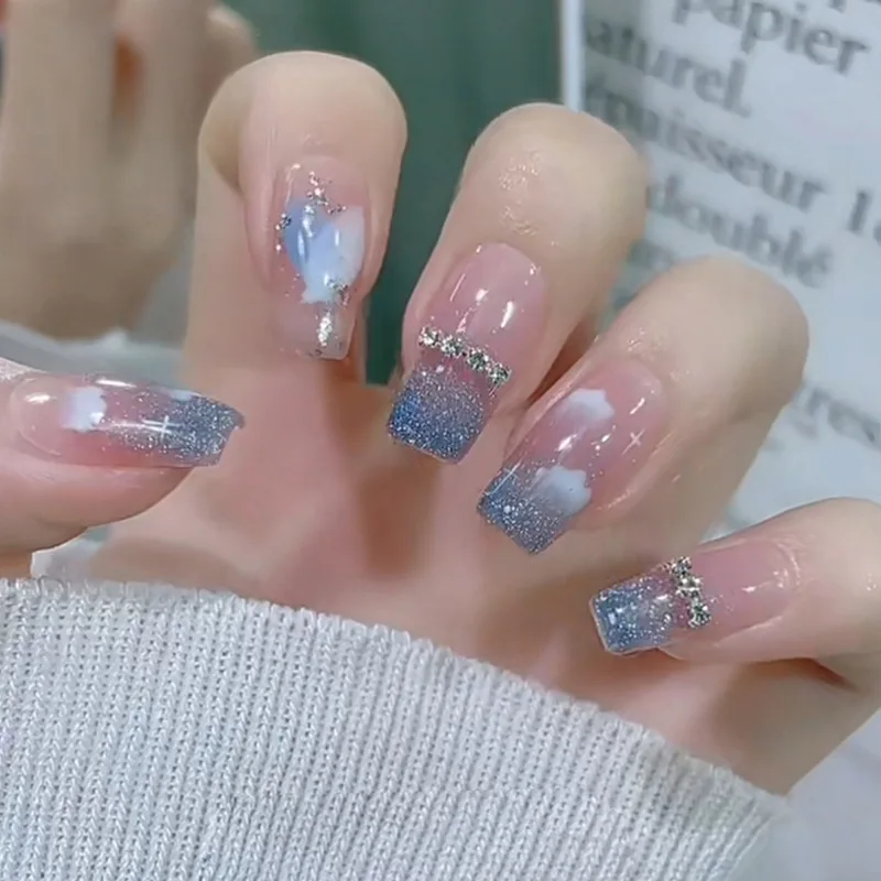 

24Pcs Full Coverage Detachable Coffin False Nails Blue Starry Sky with Diamond Wearable French Long Ballerina Press on Nails Art