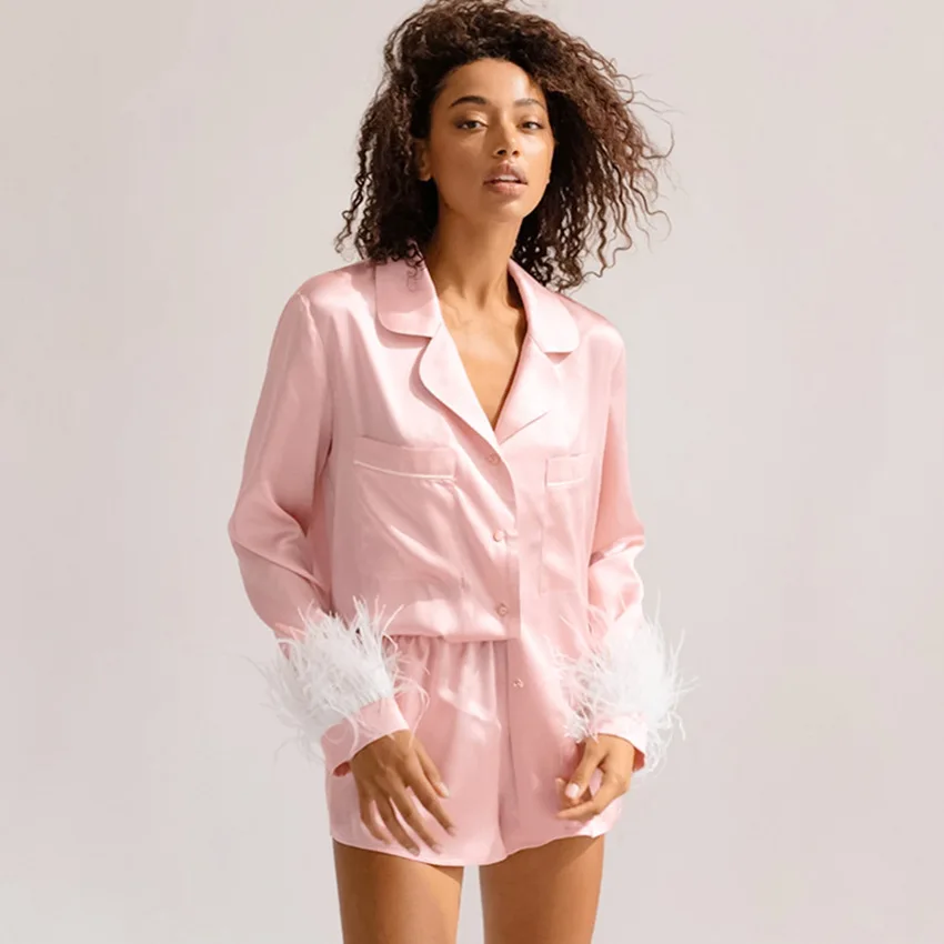 Pajamas two-piece set long-sleeved feather women pajamas women's shorts satin suit sleepwear