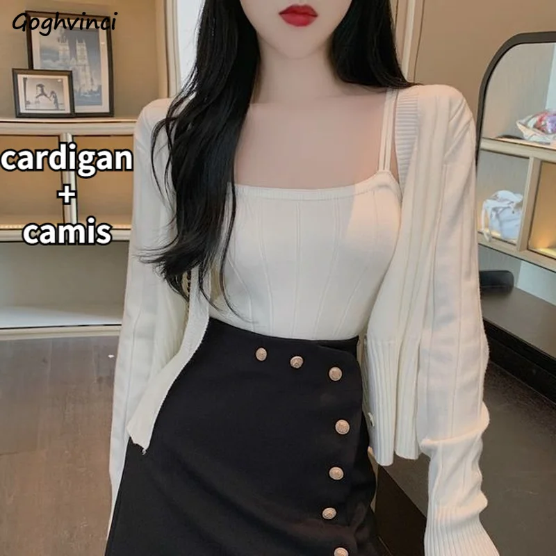 

Women Sets Sweet Spring Knitted Cardigan and Camisole Prevalent Korean Version Ladies Two Pieces Outfits Pure Color Slim Lovely