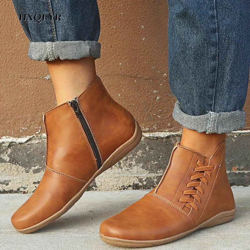 

Осенне-зимние женские ботильоны из искусственной кожи, женские Винтажные ботинки на молнии с перекрестными ремешками, женская обувь на пло...