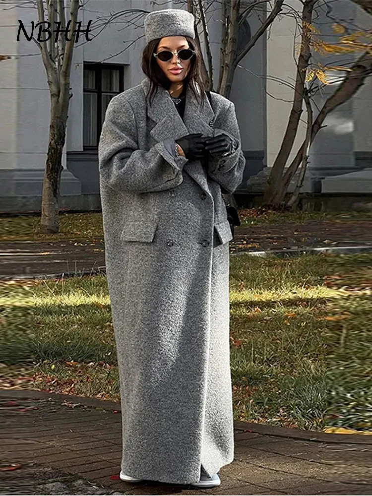 Однотонное свободное шерстяное длинное пальто с лацканами женское длинными