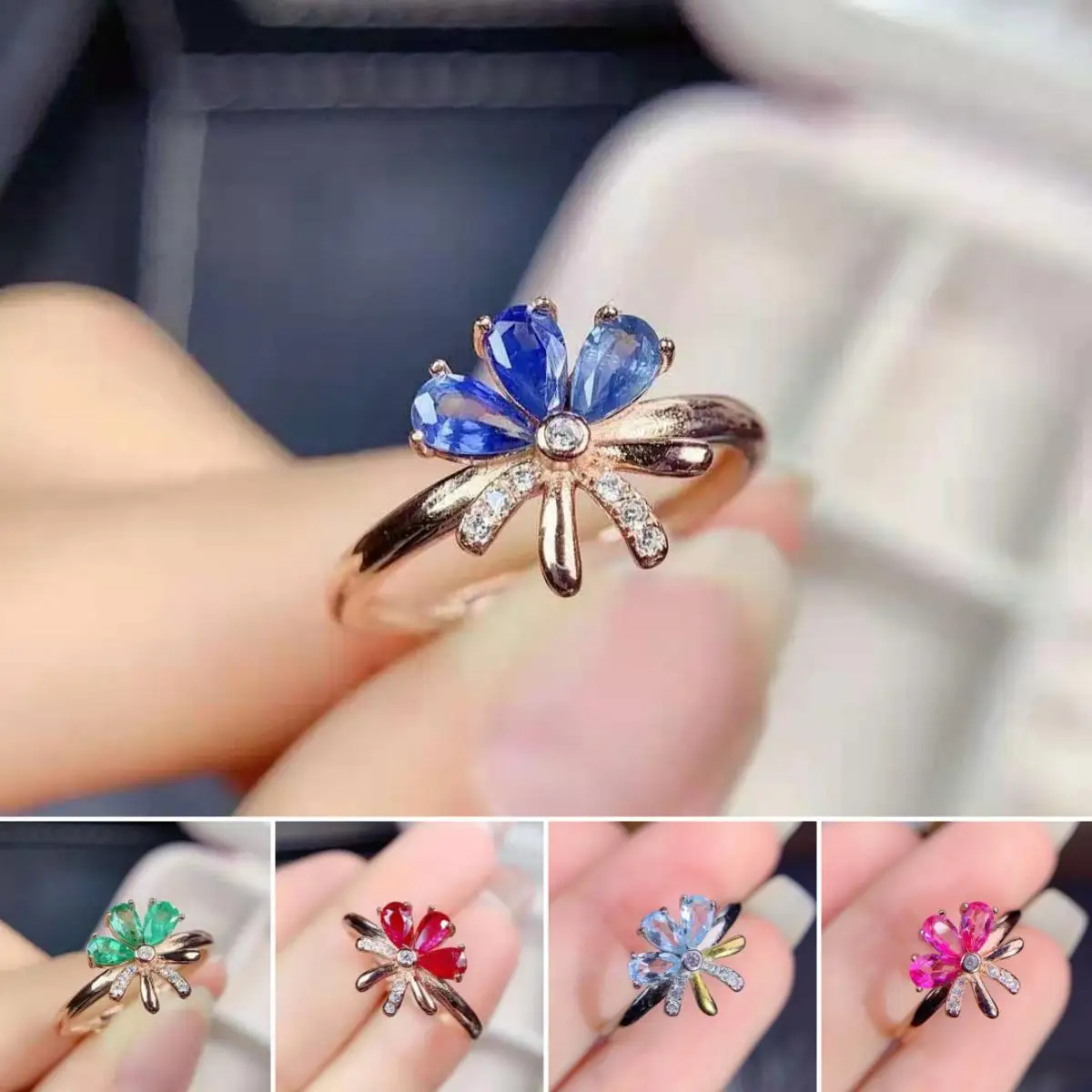 

FS Inlay 3*5 Fashion Natural Sapphire/Ruby/Emerald S925 Sterling Silver Ring Flower Women‘s Fine Charm Weddings Jewelry MeiBaPJ