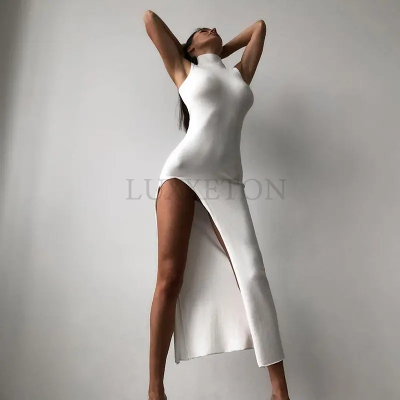 

Summer Slit Maxi Dress for Women Elegant Holiday Sexy Sleeveless Club Party Tank Sundresses Solid Clothes
