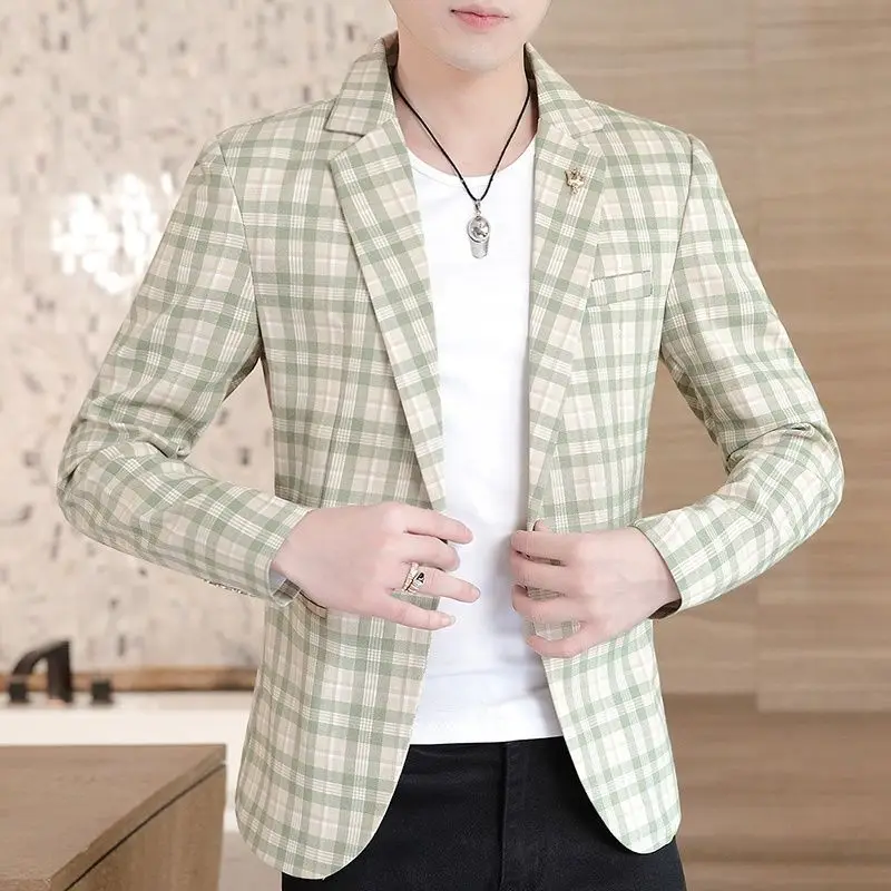 

2022 Plaid Print Blazer Jacket Men Korean Trend Streetwear Mens Clothing Casual Suit Coat Male Slim Fit Blazer Masculino E129