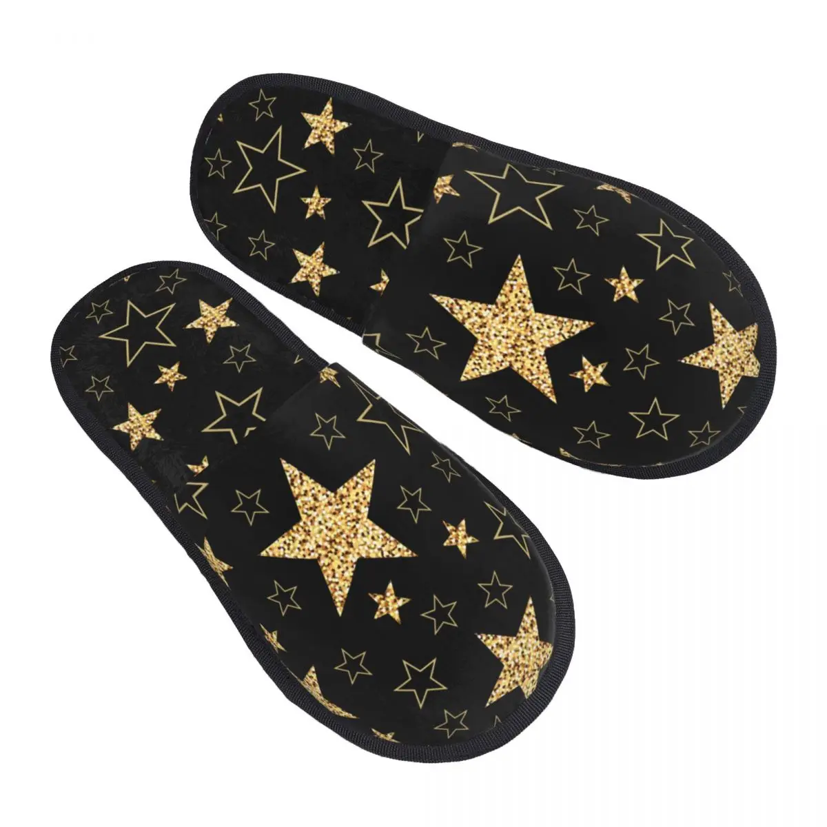 

Winter Slipper Woman Man Fashion Fluffy Warm Slippers Golden Stars Black Background House Slippers Funny Shoes
