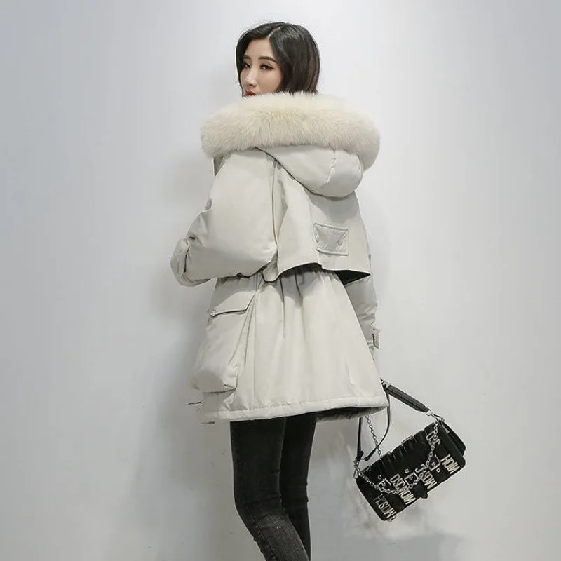Korean Style 2023 New down Cotton Jacket Women's Loose Thick Large Fur Collar Cotton Coat Coat Parka Women's Mid-Length