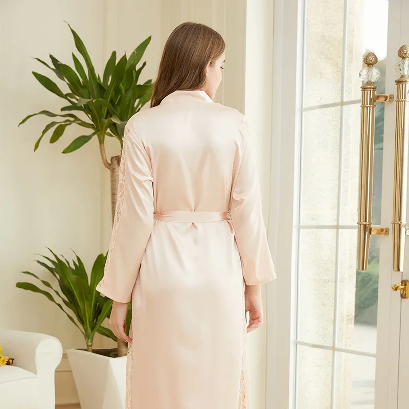 Women's Sleep Pajamas Emulation Silk Nightgown Lace-up Sexy Long Robe Hotel Casual Comfortable Bathrobe Homewear Underwear