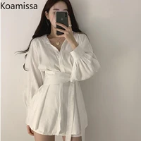 koamissa elegant women two pieces set solid long sleeves long shirt high waist short belted suit spring autumn korean outfits
