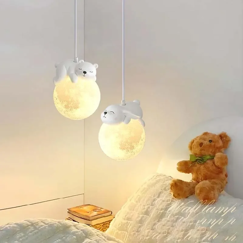 Nordic Little Bear LED Pendant Lamp Cute Rabbit For Hanging Dining Room Child Bedroom Bedside Chandelier Home Decor Fixture