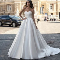 simple satin a line wedding dresses strapless button back white sleeveless sweep train custom made bridal gowns robe de mari%c3%a9e