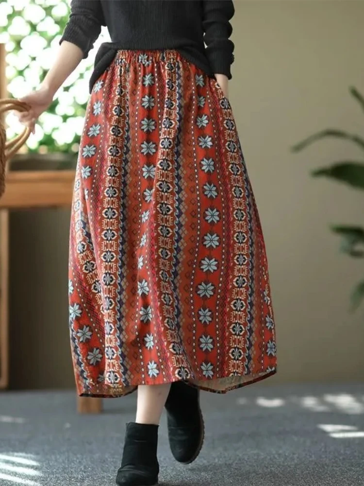 

2022 Summer New Literary Retro Printed Skirt Loose Casual A-line Skirt Cotton and Linen Temperament and Comfortable