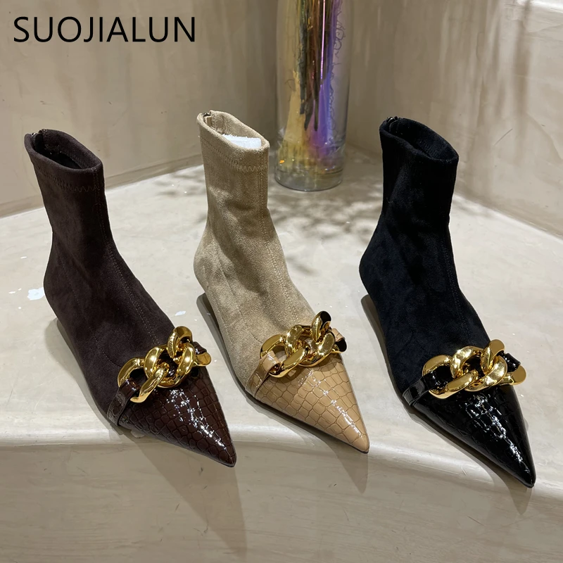 

SUOJIALUN Fashion Pointed Toe Women Sock Boots Zipper Autumn/Winter Stretch Booties Thin Low Heel Soft Female Chelsea Boot Mujer