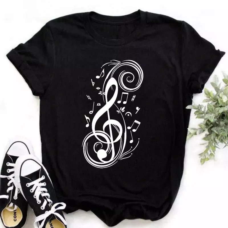 

Женская футболка в стиле Харадзюку, топы с принтом музыкальных нот, женская новая черная футболка, женские модные футболки с графическим ри...