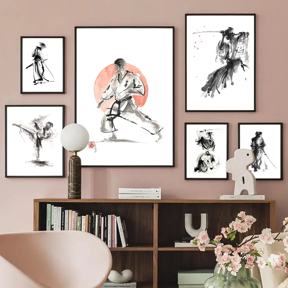 Черная кошка Шотокан Самурай гейши карате настенная Картина на холсте