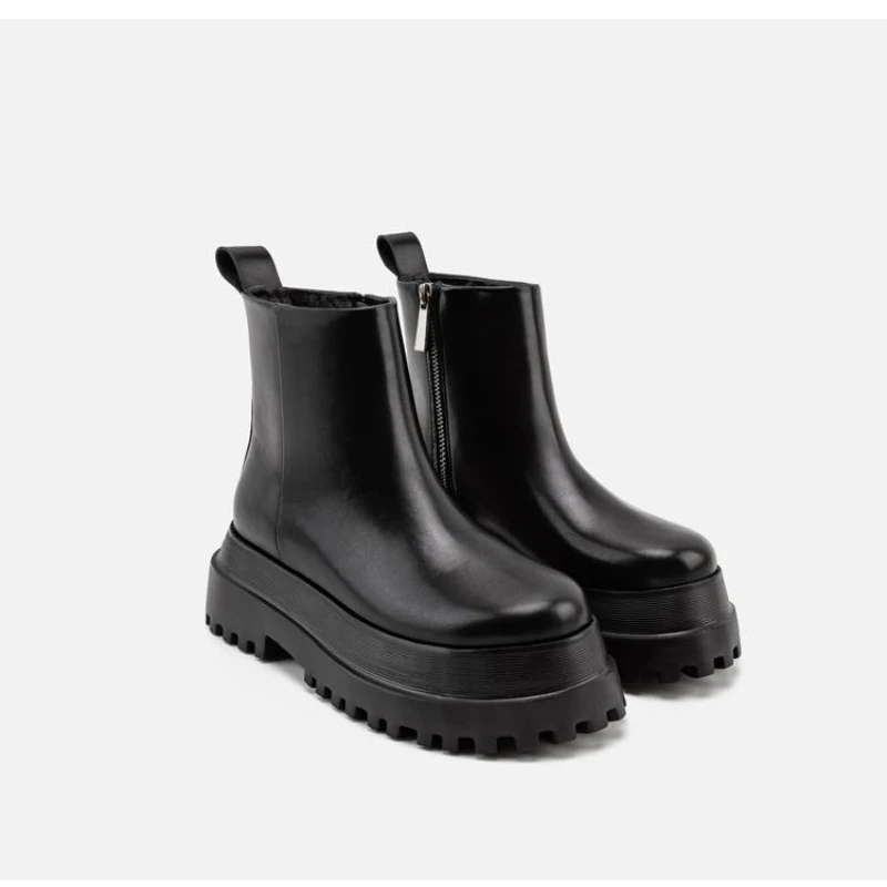 

2022 New Women Real Leather Ankle Boots Shoes Round Toe Slip on Thick Bottom Elastic Cool Short Boots Footwear Botas De Mujer