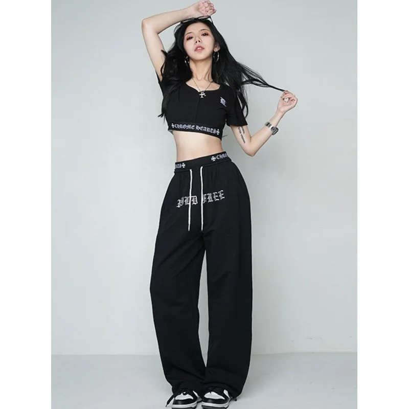 

Черные эластичные женские танцевальные спортивные брюки в стиле хип-хоп для джазовых танцев женские универсальные модные повседневные брюки с принтом