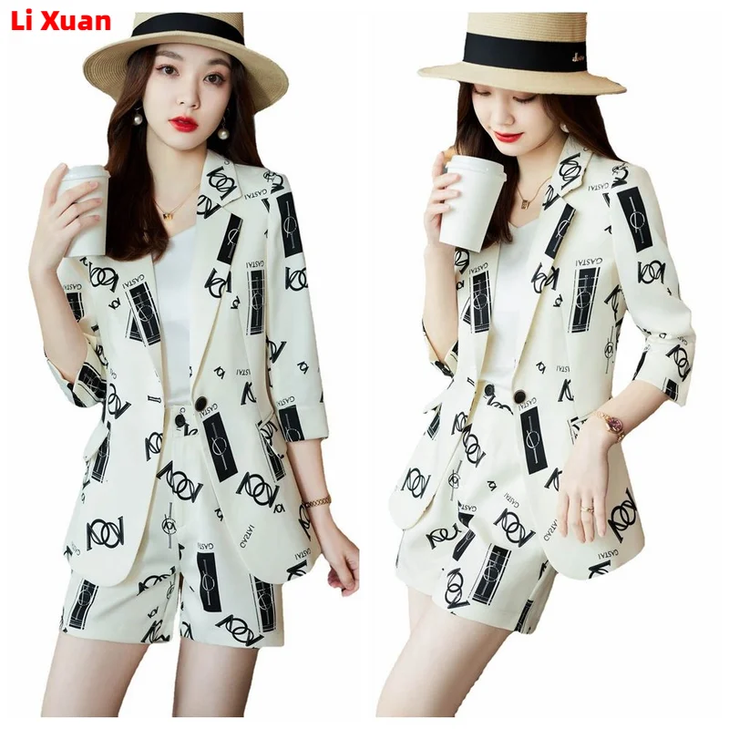 2023 Summer Thin Fashion Loose Casual Medium Length Femme Jacket Pantsuits Korean Women Office Print Blazer Shorts Set 2-piece