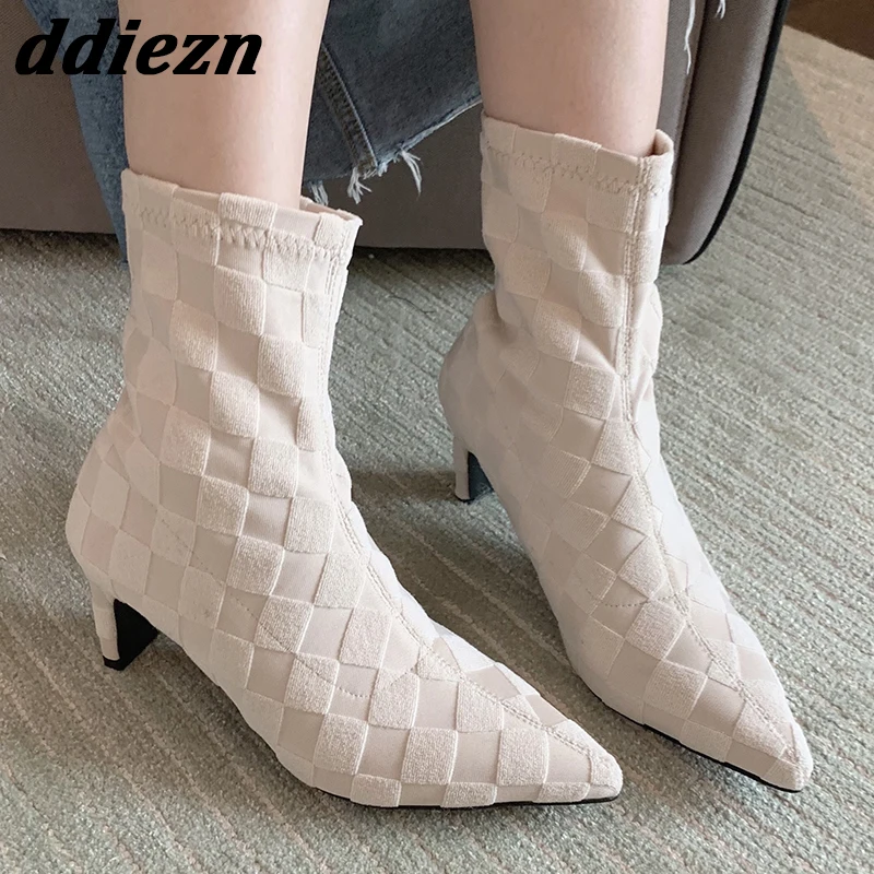 

Booties Elegant Woman Ankle Boots Shoes With Heels Fashion Stretch Fabric Modern Laides Short Boots Slip On Female Pumps