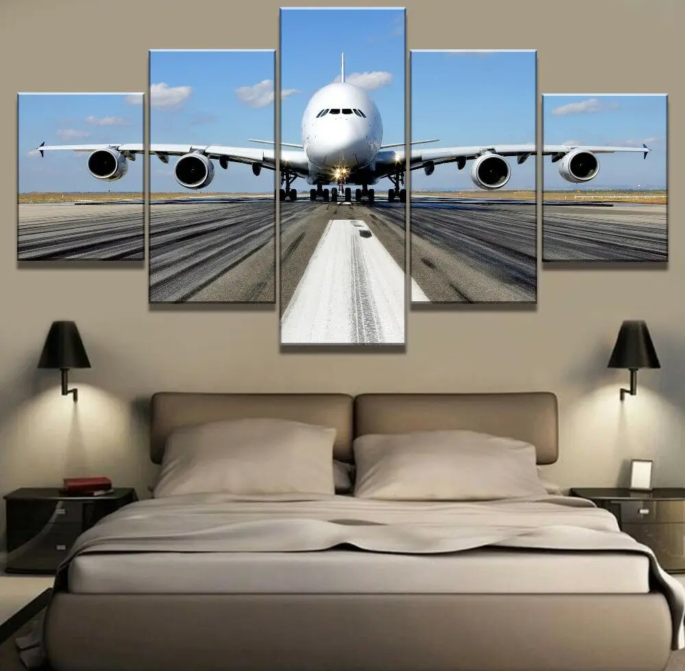 

White Airplane Landing Airport Runway 5 Panel Canvas Print Wall Art Home Decor HD Print Pictures Poster No Framed 5 Piece