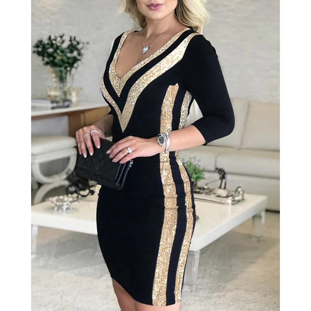 

2022 Women Fashion Long Sleeve Elegant Contrast Sequin V-Neck Bodycon Dress Sexy Party Sequins Bodycorn Dress