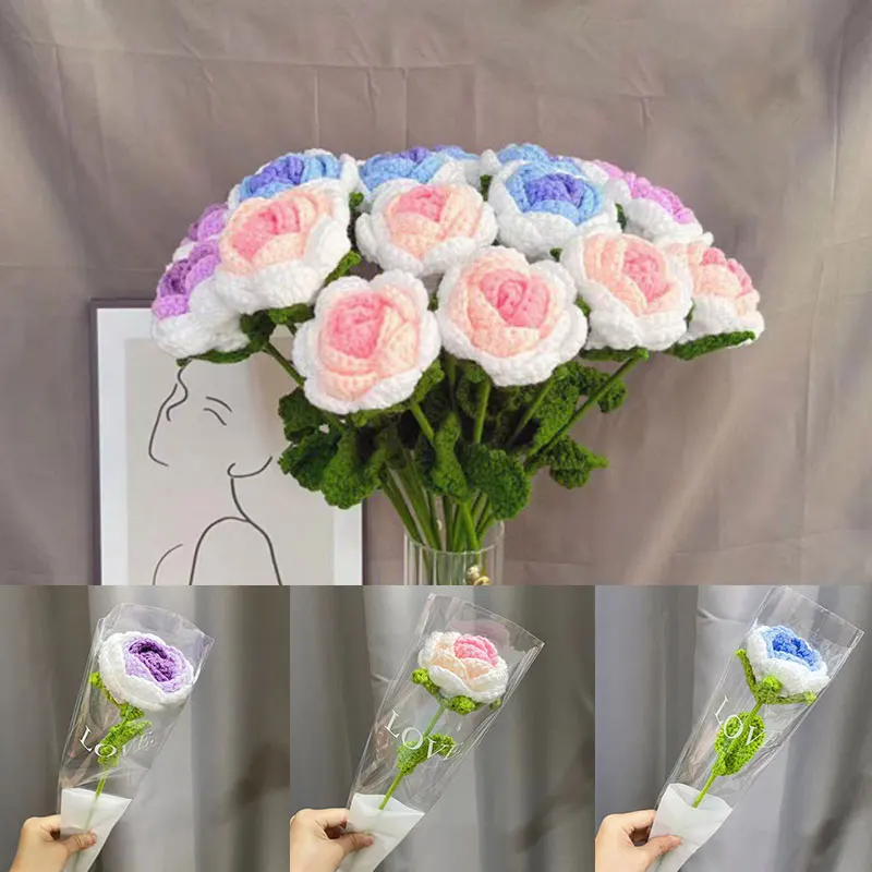 

1 шт. вязаный цветок розы тюльпаны искусственные цветы ручная работа вязаный креативный букет домашний декор для стола