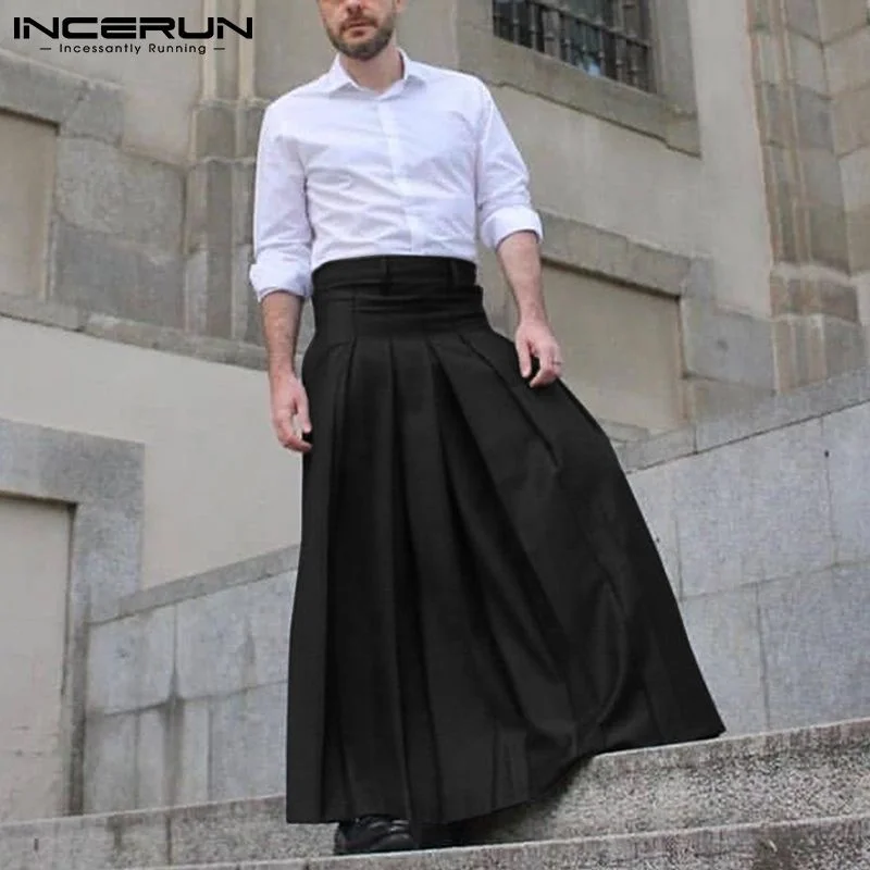 

Men Casual Skirts Pants Zipper Solid Color Pleated Streetwear Loose Men Bottoms 2023 Fashion Leisure Long Skirts S-5XL